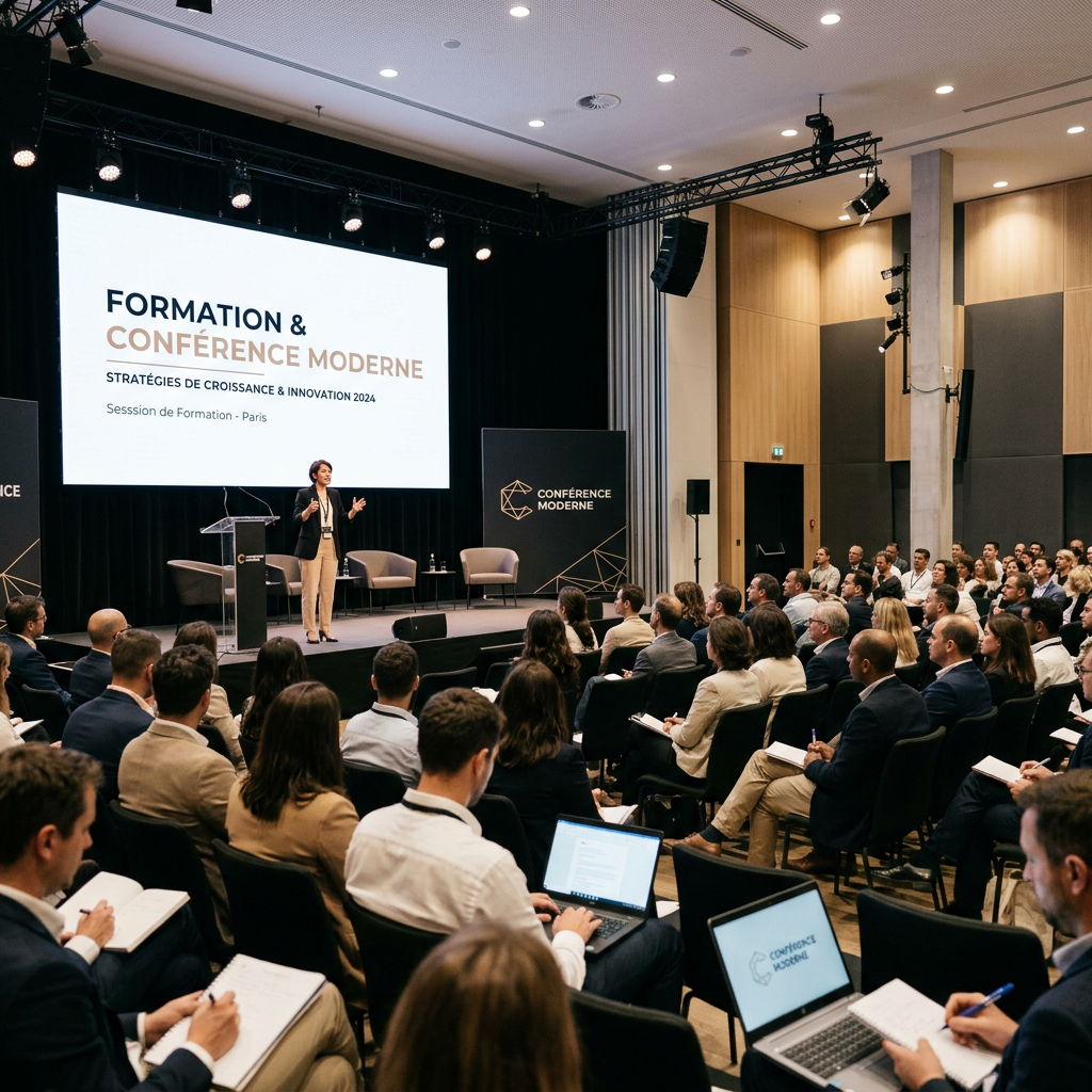 Speaker presenting at a conference with audience taking notes and laptops